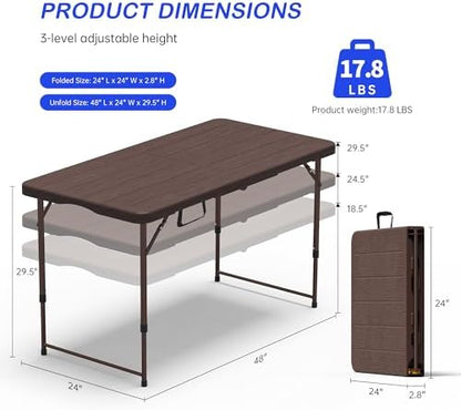 VSOAEIL 4 FT Folding Table, Small Plastic Foldable Table Adjustable Height