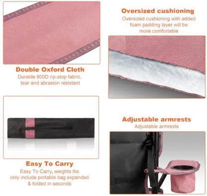 Oversized Padded Camping Chairs for Adults,Heavy Duty Support 400 Lbs,Folding Portable Lawn Chair w/Cup Holder,Cooler Bag,Side Pocket,Perfect for Outdoor Picnic,Hiking(Pink)