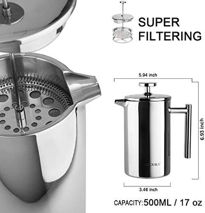 Secura French Press Coffee Maker, 304 Grade Stainless Steel Insulated Coffee Press with 2 Extra Screens, 17oz (0.5 Litre), Silver