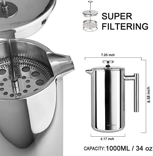 Secura French Press Coffee Maker, 304 Grade Stainless Steel Insulated Coffee Press with 2 Extra Screens, 34oz (1 Litre), Silver (Pack of 3)