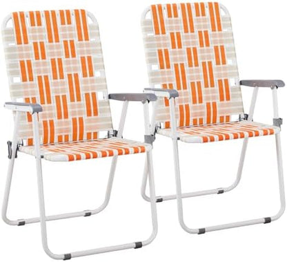 Folding Patio Lawn Webbed Chair Set of 2 - Classic Outdoor Portable Camping Chairs Stable Metal for Camping, Garden, Pool, Beach, Backyard and BBQ Orange & White