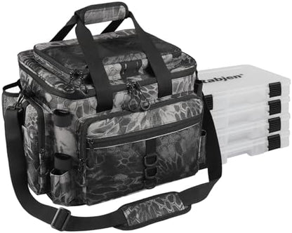 Rabjen Fishing Tackle Bag with Rod Holders & Cooler Main Compartment – Large Capacity Fishing Bag for Organized Gear Storage