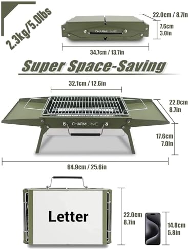 Charmline 14 x 9 inches Small Portable Charcoal BBQ Grill, Foldable Compact Camping Barbecue for 1–3 People, Ideal for Camping, Tailgating, Beach, Picnic & Tabletop Use, Green