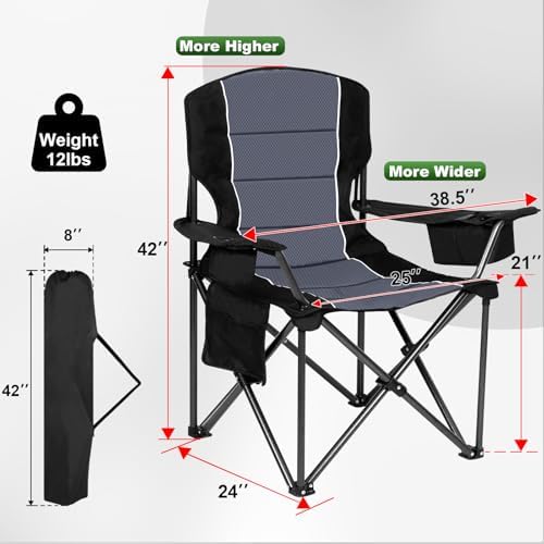 Oversized Padded High Back Camping Chairs,2 Pcs Heavy Duty Folding Chairs Support 500LBS with Cooler Bag,Cup Holder Cooler Bag, Collapsible Chairs for Outdoor, Tailgate, Fishing, Black