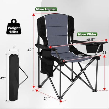 Oversized Padded High Back Camping Chairs,2 Pcs Heavy Duty Folding Chairs Support 500LBS with Cooler Bag,Cup Holder Cooler Bag, Collapsible Chairs for Outdoor, Tailgate, Fishing, Black
