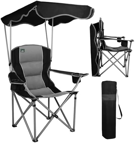 Northroad Folding Camping Chairs with Canopy Shade, Beach Chair w/Cup Holders, Armrests & Carry Bag for Outdoors Travel Sports Fishing, Black