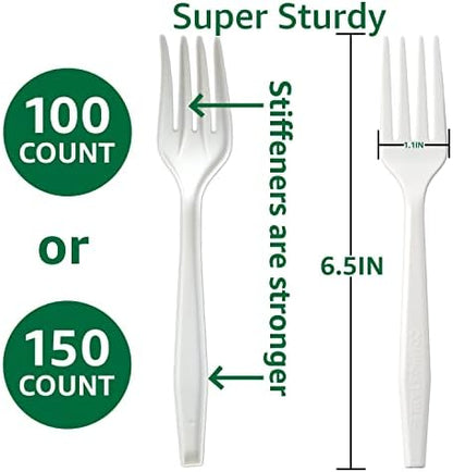 100% Compostable No Plastic Knives Forks Spoons Utensils, The Heavyweight Heavy Duty Flatware is Eco Friendly Products for Lounge Party Wedding BBQ Picnic Camping.