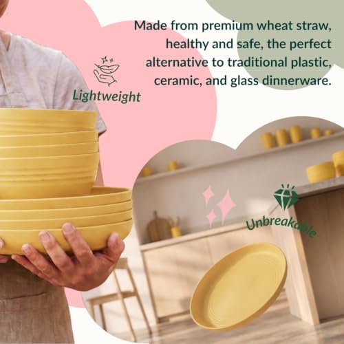 Wheat Straw Dinnerware Sets, Homienly 20pcs Unbreakable Microwave Dishwasher Safe Tableware Lightweight Bowls, Cups, Plates Set Reusable Dinner Plates Bowls set (Yellow)