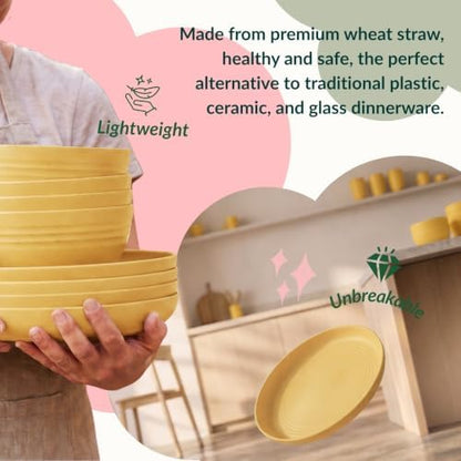 Wheat Straw Dinnerware Sets, Homienly 20pcs Unbreakable Microwave Dishwasher Safe Tableware Lightweight Bowls, Cups, Plates Set Reusable Dinner Plates Bowls set (Yellow)