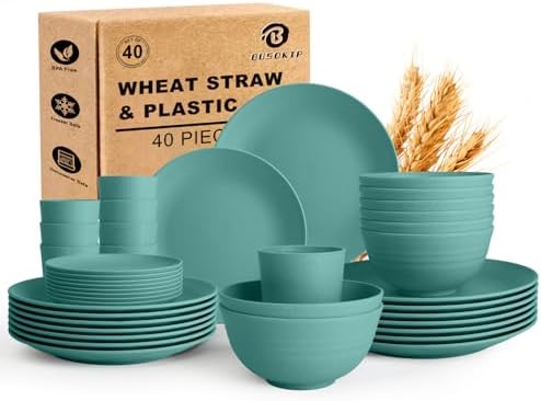 BUSOKIP40 PCS Bowls and Plates Set, Plastic Dinnerware Sets for 8- Green
