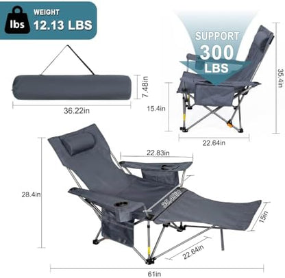Romswi 2 Pack Reclining Camping Chairs with Removable Footrests, 4-Position Adjustable Lounge Chairs, 300 LBS Heavy Duty Folding Chairs with Cooler Bag, Cup Holder & Carry Bag, Grey