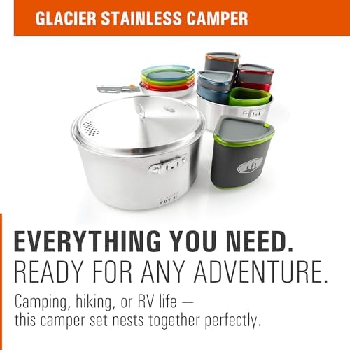 GSI Outdoors Glacier Stainless Camper 4 Person Packable Cookware & Dinnerware Set for Camping or Backpacking