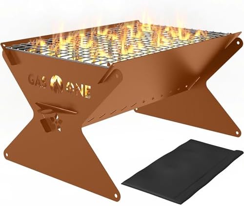 GasOne 15” Portable Charcoal Grill – Foldable BBQ Grill – Camping Grills for Backyard, Bonfire, Patio – Heavy-Duty Portable Fire Pit – Camp Cooking Gear, Brown