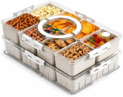 2 Pack Snack Box Container with 8 PP Compartments & 4 Draining Grids, Food Storage Tray with Lid & Handle, Dishwasher Safe, Portable Organizer for Picnic, Travel, Party