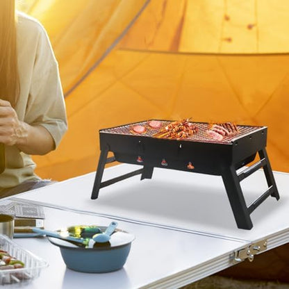Portable Charcoal Grill for Camping Small Tabletop BBQ Grill for Picnic Trip Foldable Lightweight Barbeque Grill Set Including Tongs Gloves Scrubber (17''x12'')