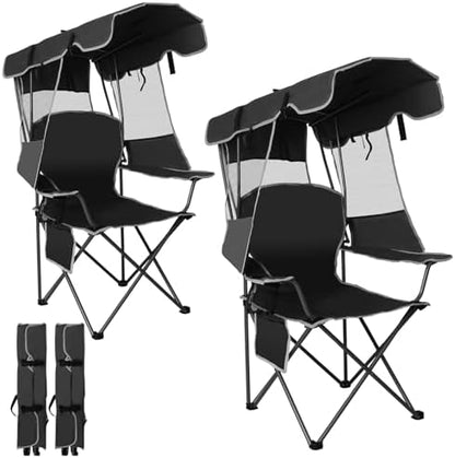 Romswi Large Folding Canopy Camping Chairs for Adult 2 Pack, Portable Outdoor Chairs with Sunshade,Cup Holder & Side Pocket for Camping, Fishing, Beach, Backyard, Black