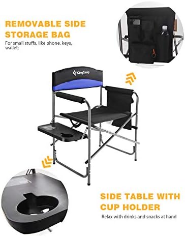 KingCamp Portable Camping Chair, Folding Directors Chair Compact Outdoor Chair with Side Table Cup Holder for Beach Trip Tailgating Lawn Sports Backpacking Fishing Picnic, Blue