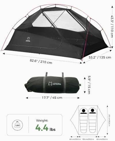 ATEPA Voyage 1-2 Backpacking Tent, Ultralight 20D SilNylon 4 Season Camping Tent, 4000mm Waterproof Freestanding Tent with Expandable Vestibule for Hiking, Bikepacking & Mountaineering