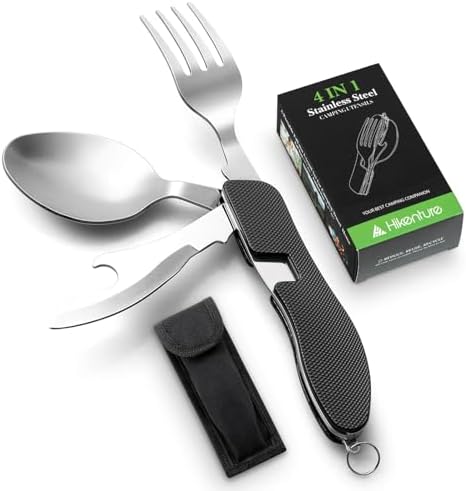 Camping Utensil,4-In-1 Stainless Steel Fork Knife Spoon Set(Black)