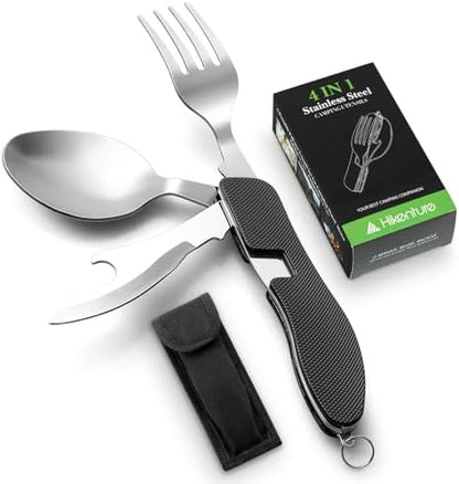 Camping Utensil,4-In-1 Stainless Steel Fork Knife Spoon Set(Black)
