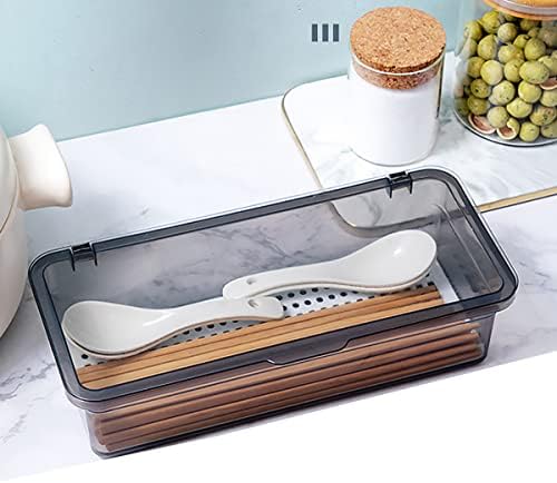 Flatware Tray Kitchen Drawer Organizer With Lid And Drainer - Plastic Kitchen Cutlery Tray and Utensil Storage Container with Cover - Dinnerware Holder for Spoons Forks Knives 10.0x4.3x2.8