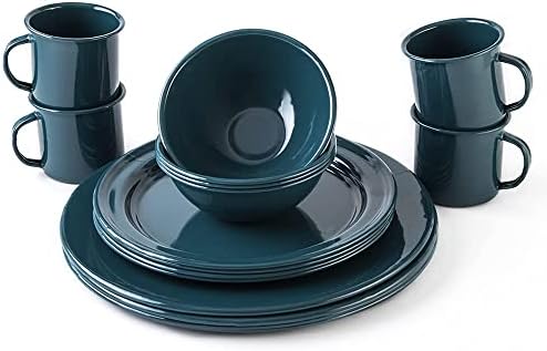 Cinsa 16 Piece. Enameled Dinnerware Camping/Outdoor Set for 4. Includes Plates, Bowls, Mugs, Coffee Boiler