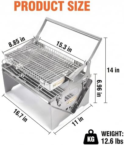 Portable 360° Rotating Charcoal Grill with Flipping Basket, Stainless Steel Flip BBQ Grill for Camping & Outdoor, Easy to Clean Detachable Design, New Upgrade
