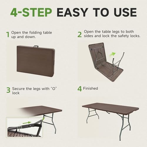 Folding Table 6 Foot, HDPE Wood Grain Pattern,Heavy Duty 600 lbs Capacity, Sturdy Design with Safety Lock, Portable & Foldable for Camping, Party, Indoor & Outdoor Use, 1 Pack.