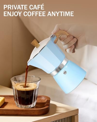 Coffee Maker Stovetop Espresso Maker 3 Cup Aluminum Moka Pot Percolator 5oz 150ml Easy Brewing for Electric Ceramic Stoves Home Camping Italian Cuban Café Classic Sip Sized Blue