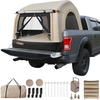 All-in-One Inflatable Truck Bed Tent with Mattress for 5.5-6.5FT,Built in Wireless Rechargeable Air Pump,3 Mins Fast Setup,Waterproof PU 2000MM Pickup Truck Tent for Camping Road Trip