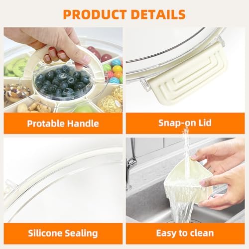Round Divided Serving Tray with Lid and Handle, 9 Compartments Snackle Box Container for Party, Large Serving Platter Storage Organizer for Picnic, Travel, Camping Essentials