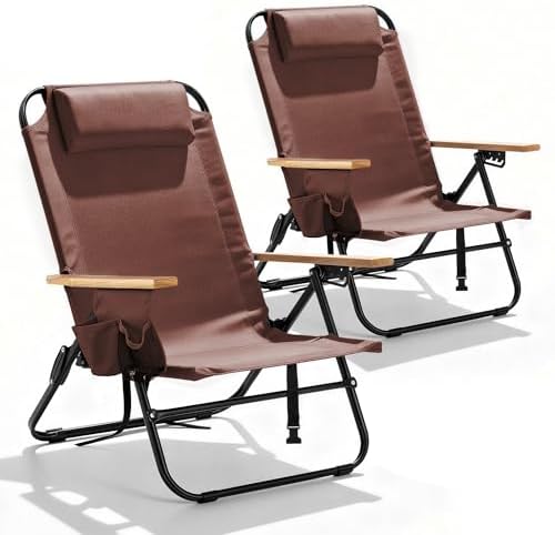 2 Pack Premium 5-Position Reclining Camping Chair - Portable Folding Lightweight Outdoor Chair with Wooden Armrests, Headrest & Pockets, 350lbs Heavy Duty for Beach, Patio, Backyard, Coffee