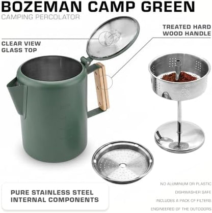 COLETTI Bozeman Color Series Percolator Coffee Pot — Camping Coffee Makers — Camping’s Favorite Percolator – NO Aluminum or Plastic (Camp Green, 12 Cup)