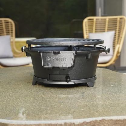 IronMaster Hibachi Grill, 100% Cast Iron, Tabletop Small Portable Charcoal Grill for Outdoor Camping - 2 Heights, Air Control, Coal Door, Ideal for 2 People