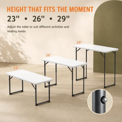4FT Folding Table 3 Levels Adjustable Height, Heavy Duty Fold-in-Half Portable Table, 400 lbs Capacity Foldable Table for Party Dining Camping Events Picnic Outdoor Indoor Use, 2 Pack