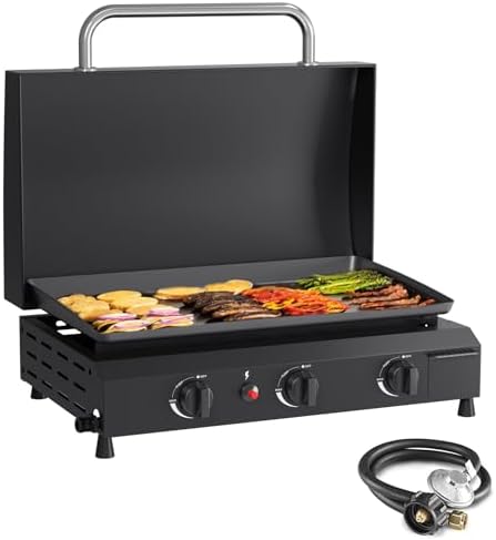 SKOK 3 Burners Outdoor Tabletop Gas Griddle with Hood, Flat Top Grill