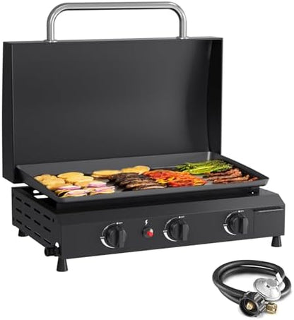 SKOK 3 Burners Outdoor Tabletop Gas Griddle with Hood, Flat Top Grill