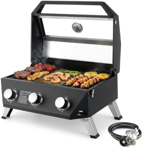 SKOK Tabletop 3-Burner Propane Gas Grill Griddle Combo with View Window