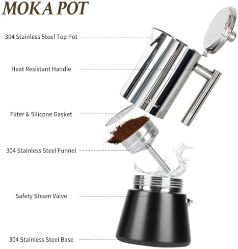 LAOION Stovetop Espresso Maker, 4Cup 6.8 oz Moka Pot, Stainless Steel