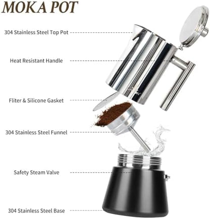 LAOION Stovetop Espresso Maker, 4Cup 6.8 oz Moka Pot, Stainless Steel