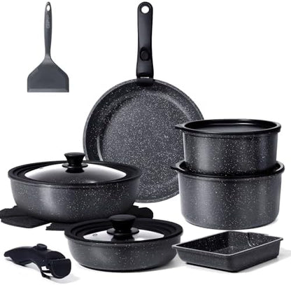 GIPP Pots and Pans Set Non Stick,Kitchen Cookware Set Detachable Handle, Non Toxic Cooking Pan Set with Frying Pans Set,RV Cookware Sets for All Stoves, Dark Grey, 17PCS