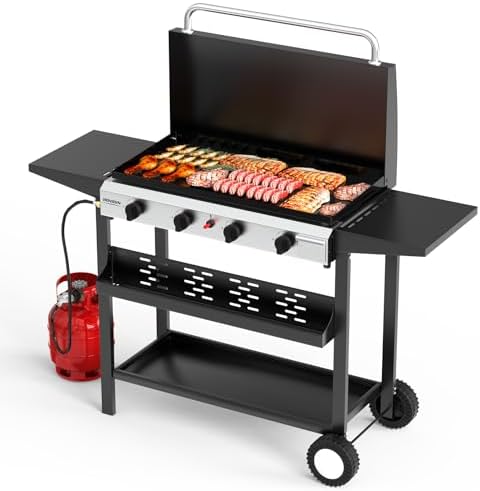 ROVSUN 4 Burner Portable Propane Griddle with Enameled Tray & Lid, 40000 BTU Rolling Flat Top Gas Grill with Electronic Ignition, Side Shelves & Regulator for Outdoor Cooking Camping BBQ Tailgating
