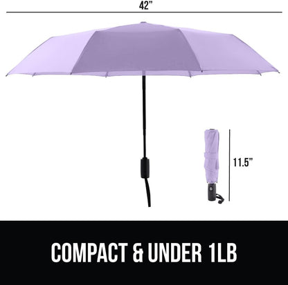 GORILLA GRIP Strong Stick Umbrella for Rain, Compact Travel One-Click Automatic Open Close, Lightweight, Portable, US Designed Reinforced Fiberglass Ribs, Wind Resistant, Easy Collapse, Purple