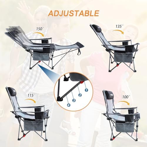 Reclining Camping Chair with Removable Footrest Lounge Chair with Headrest, Cotton Cushion, Portable Adjustable Folding Chairs