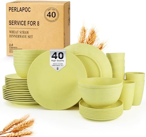 Wheat Straw Dinnerware Set 40-Piece Service for 8 Unbreakable Dishes Set Plates and Bowls Sets Drinking Glasses Microwave Safe Dish Set Lightweight Dinnerware Set for Home & Kitchen - Yellow