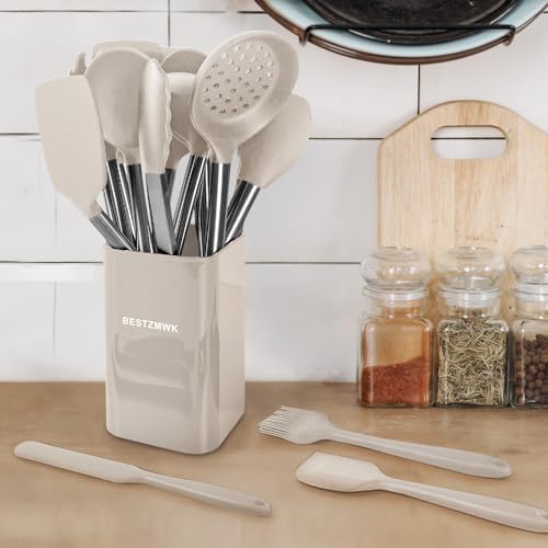 Kitchen Utensil Set-Silicone Cooking Utensils-33 Kitchen Gadgets & Spoons for Nonstick Cookware-Silicone and Stainless Steel Spatula Set-Best Kitchen Tools, Useful Pots (Khaki)