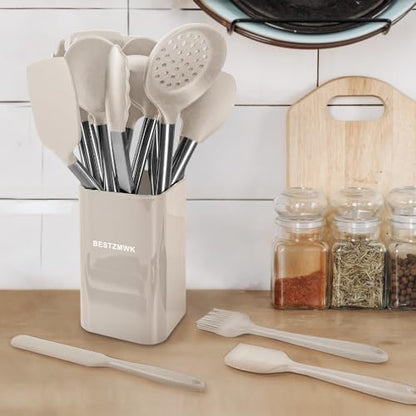 Kitchen Utensil Set-Silicone Cooking Utensils-33 Kitchen Gadgets & Spoons for Nonstick Cookware-Silicone and Stainless Steel Spatula Set-Best Kitchen Tools, Useful Pots (Khaki)