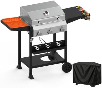 3 Burner Propane Gas Grill, 36000 BTU BBQ Grill with Lid & Wheels