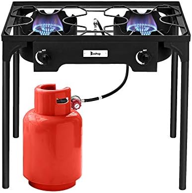 2 Burner Outdoor Camping Stove Portable Propane Gas Burners for Camping Cooking, 150,000 BTU High Pressure Cast Iron Outdoor Camping Burner with CSA Listed Regulator, Detachable Legs