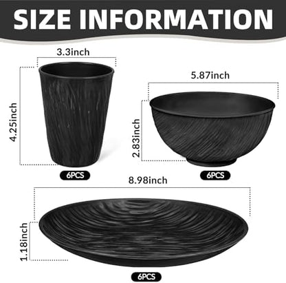 18-Piece Black Wheat Straw Dinnerware Set for 6 (6 Plates, 6 Bowls, 6 Cups) - Heavy Duty Unbreakable Rock-Textured Set, Elegant Microwave Safe & Reusable for Camping & Outdoor Use